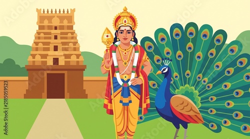 Lord Murugan with Vel spear and peacock in detail	