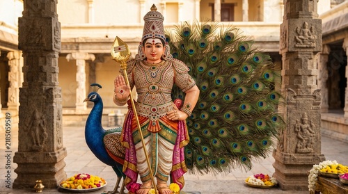 Lord Murugan with Vel spear and peacock in detail	
