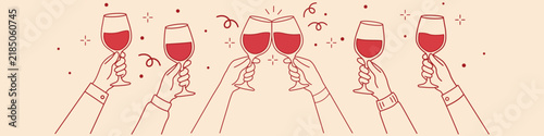 Hands Toasting with Red Wine Glasses Celebration Banner Illustration