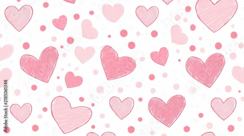 Pink hearts and dots seamless pattern on white background