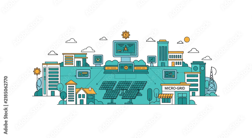 Fototapeta premium Smart Micro-Grid Concept with Solar Panels and Sustainable Urban Buildings Vector Illustration