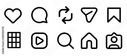 Set of various interface icons isolated on transparent background. Social media UI elements representing navigation, interaction, communication, engagement and digital content