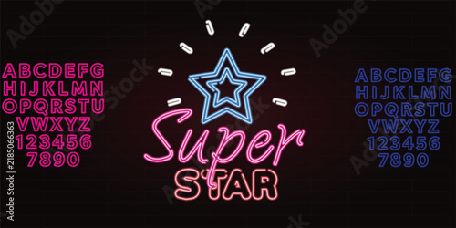 Obraz na płótnie Retro neon alphabet vector set, glowing pink and blue superstar typography, vint