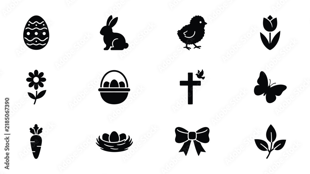 Fototapeta premium Black And White Minimalist Easter And Spring Symbols Vector Icons Collection