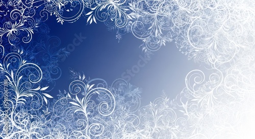 A blue and white abstract floral pattern on a gradient background.
