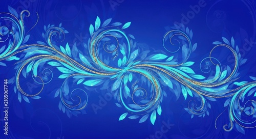 A blue and turquoise floral pattern on a dark blue background.