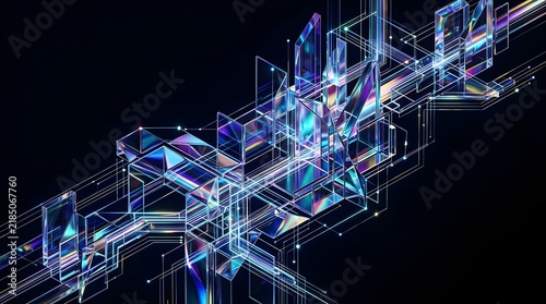 A futuristic abstract composition featuring interconnected transparent crystal like shapes  illuminated by vibrant blue and purple light effects on a black void backdrop