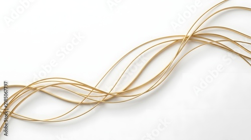 A collection of thin golden metallic strands forms flowing  intertwined curves on a plain white background  casting subtle shadows that enhance the three dimensional effect