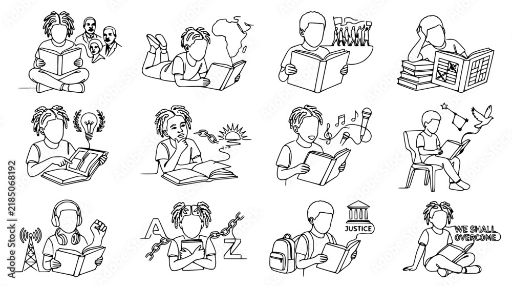 Fototapeta premium Children Reading Books, Learning Concepts, Isolated Vector Illustrations Collection