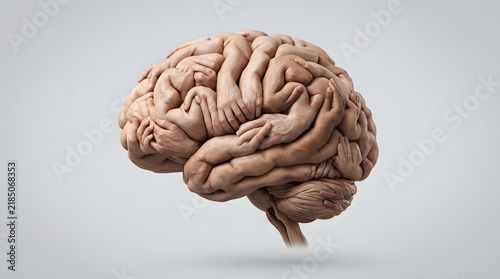 An ic representation of a human brain formed by numerous hands and arms interwoven together  suggesting in thinking or group cognition on a neutral gray backdrop