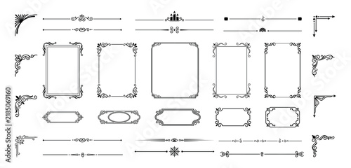 Vintage ornamental text frames and elegant scrollwork page dividers vector set.