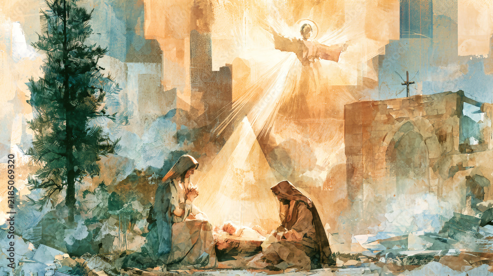 Fototapeta premium Mary and Joseph are present in a stable with baby Jesus. Angels