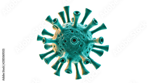Quadro su tela Detailed 3D rendering of a teal coronavirus particle, isolated on transparent ba