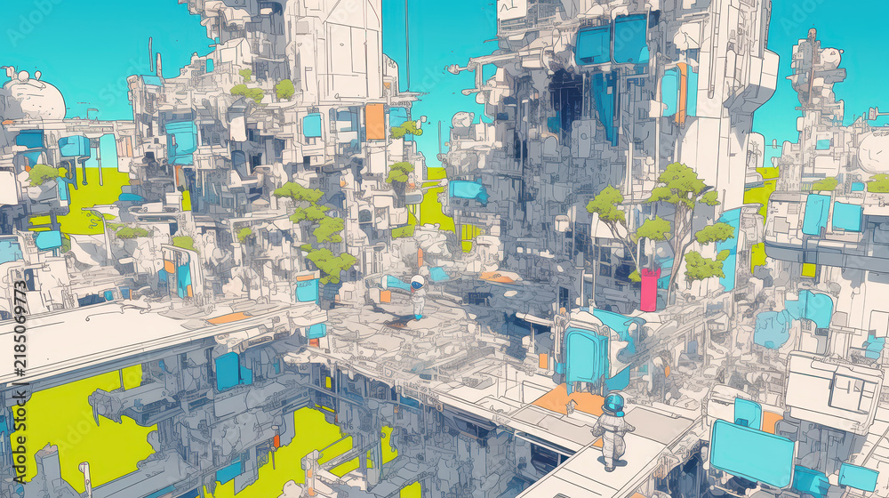 Naklejka premium Futuristic cityscape, vibrant colors, advanced architecture merging nature and technology, ideal for sci-fi concepts or designs.