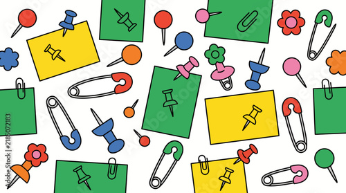 Colorful office supplies pattern, vibrant stationery vector icons, push pins and paper clips on notes, school supplies background