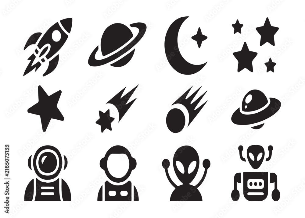Fototapeta premium Set of space themed icons including rockets astronauts and stars with black silhouettes for science projects.