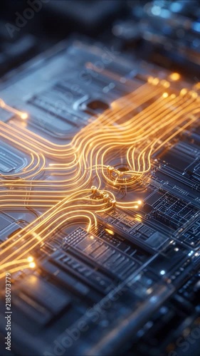 Glowing microchip circuit board with orange light trails showing data processing and electronic signals flowing on a motherboard