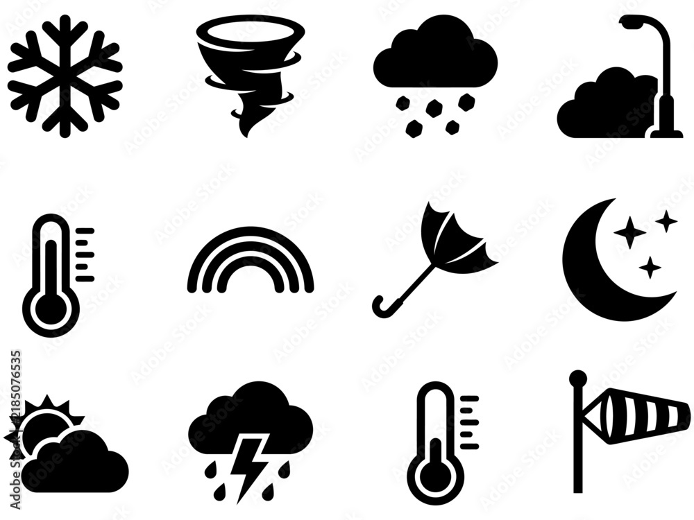 Obraz premium Meteorological solid black vector icon collection for seasonal weather updates climate monitoring and environmental forecasting.