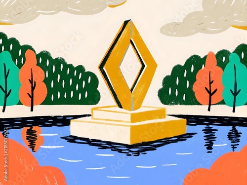 Abstract Illustration of a Yellow Diamond Sculpture in a Pond with Colorful Trees