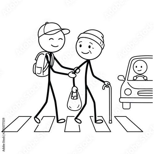 Person helping stranger cross road vector art