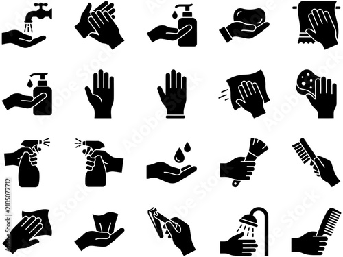 Hand hygiene glyph icons for washing cleaning disinfecting skin with soap sanitizing spray wipes and towel in solid black vector.
