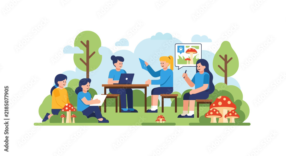 Fototapeta premium Women working and studying together in an outdoor park setting, flat vector illustration of remote collaboration in nature.