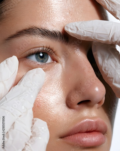 professional eye area skincare assessment, dermatologist gently examining the skin beneath the eye of a female patient, natural skin appearance, clean gloves, minimal white clinic interior, soft