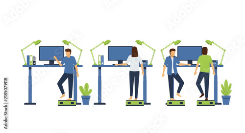 People Working at Ergonomic Standing Desks with Balance Boards Vector Illustration