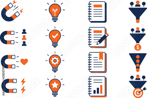 A collection of business marketing icons representing lead generation and sales funnel processes.