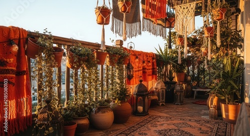 Bohemian Balcony Oasis With Lush Greenery And Warm Sunset Light