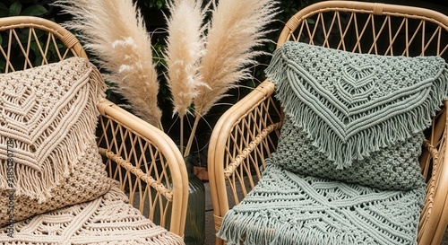 Bohemian Chic Rattan Chairs Adorned With Cozy Macrame Cushions And Pampas Grass