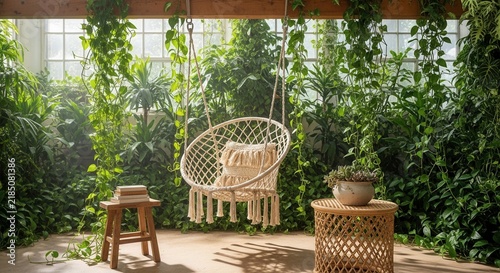 Bohemian Hanging Chair Oasis Lush Greenery Retreat And Relaxing Space
