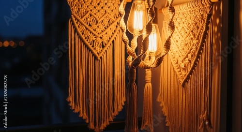 Bohemian Macrame Wall Hanging With Edison Bulb Lamp Accent