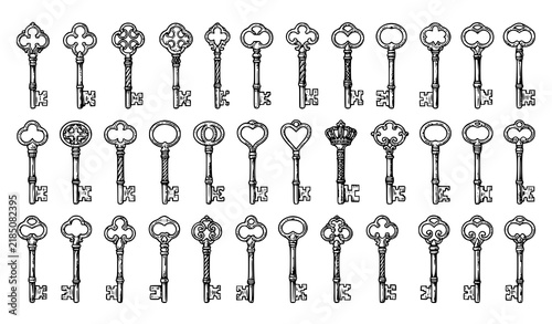 Hand Drawn Vintage Skeleton Key Icon Set in Engraved Vector Illustration Style