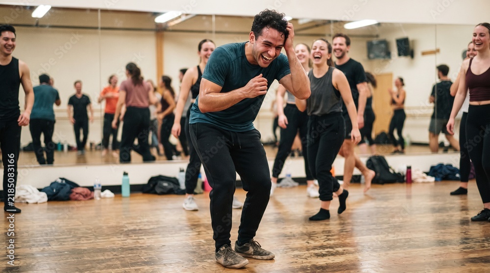 Fototapeta premium Group of dancers laughing and rehearsing in a studio