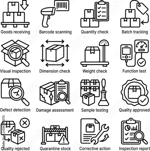 Product Quality Control and Warehouse Inspection Labeled Line Icon Collection