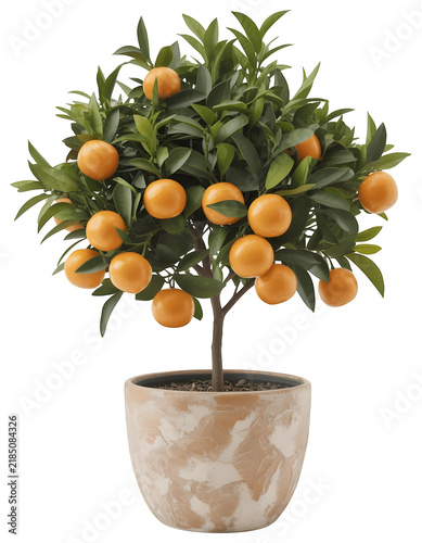 Miniature orange tree with ripe fruits in a decorative terracotta pot for indoor decoration isolated on transparent background