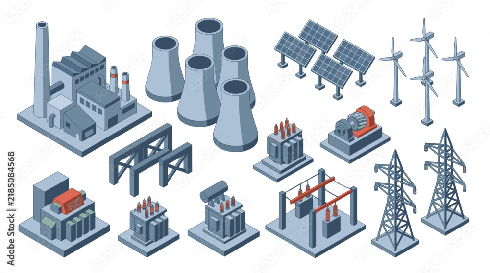Fototapeta premium Dynamic Isometric of Modern Power Generation and Electrical Infrastructure with Wind Turbines Solar Panels Power Plants and Transmission Towers