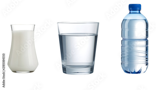Three different containers holding various beverages including milk, water, and bottled drink isolated on transparent background