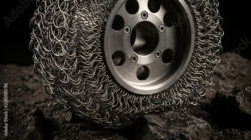 Commercial aerospace engineering photograph of airless compliant nickel titanium shape memory alloy wire mesh rover wheel on simulated planetary regolith terrain in robotics test laboratory
