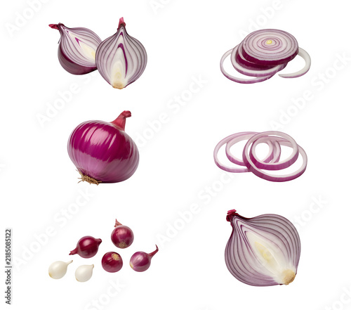 Various stages of red onion preparation including whole, halved, sliced, and chopped forms isolated on transparent background
