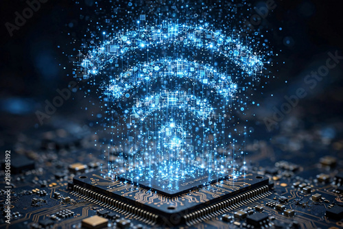 Wifi symbol glowing digital data transmission over computer circuit board representing modern wireless communication technology network connection concept