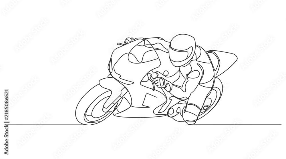 Fototapeta premium Continuous single line drawing of a person riding a motorcycle at high speed with motorcycle rider