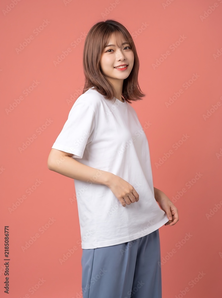 Obraz premium Attractive Young Asian Woman Posing in Blank White Oversized T-Shirt Mockup