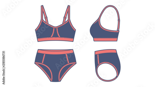 Geometric Bikini Lingerie CAD Vector Icons, Precise Technical Swimwear Fashion Illustration Set