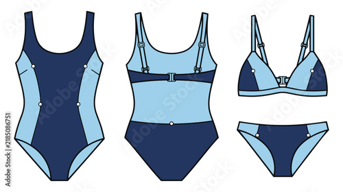 Swimsuit Lingerie CAD Vector Set, Precise Technical Fashion Drawings with Clean Geometric Shapes
