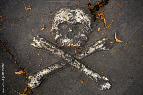 Obraz na plátně Selective focus close-up of carved stone skull and crossbones memento mori symbol on weathered tombstone