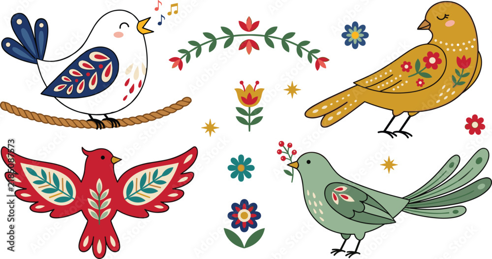 Fototapeta premium Folk Art Bird Vector Illustration Set Featuring Colorful Scandinavian Floral Style Pattern Design Elements for Greeting Cards, Backgrounds, and Home Decor Fabric Print