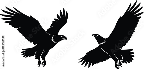 Black flying eagle silhouettes vector illustration facing each other isolated on white background