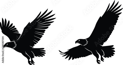 Black flying eagle silhouettes vector illustration set isolated on white background